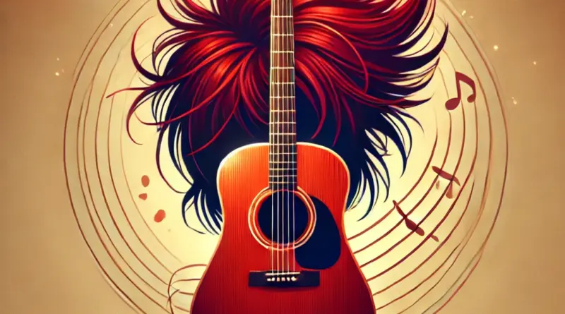 Symbolische Darstellung von Musik & Identität – Gitarre mit roten Strähnen