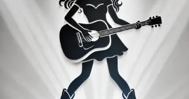 Silhouette einer singerensisin mit Gitarre auf der Bühne, von Country- und Popstars.